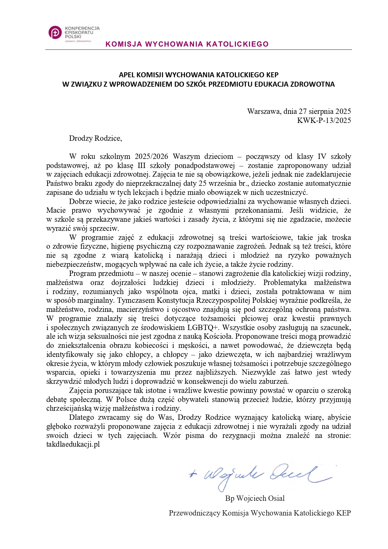 Komisja wychowania katolickiego KEP - Apel do rodziców